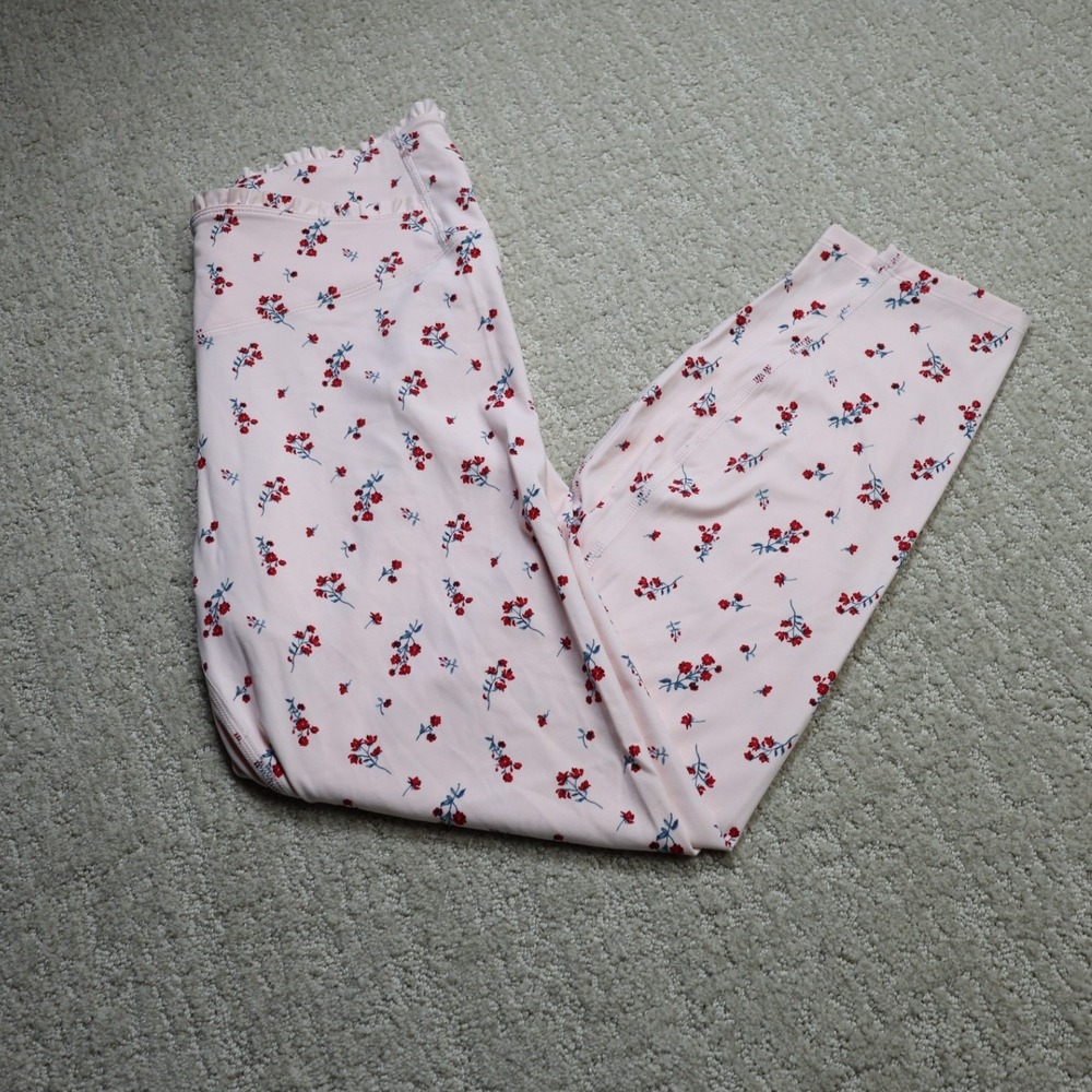 All In Motion Pink Floral Ruffle Trim Ultra High Rise 7/8 Leggings Large